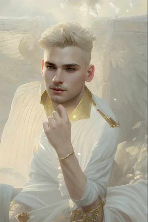 Up close portrait of a male angel, d & d, face, fantasy, intricate, elegant, highly detailed, digital painting, artstation, concept art, smooth, sharp focus, illustration, art by artgerm and greg rutkowski and alphonse mucha