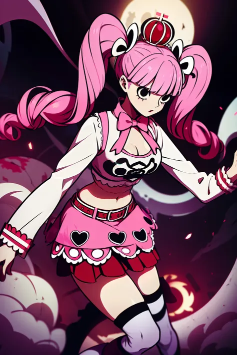 perona, 1girl, pink hair, black eyes, blunt bangs, drill hair, red lipstick, long twintails, crown, (white and black striped sto...