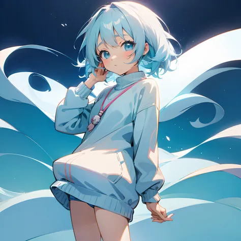 Anime girl,whie hair,light blue sweater,anime style,cute