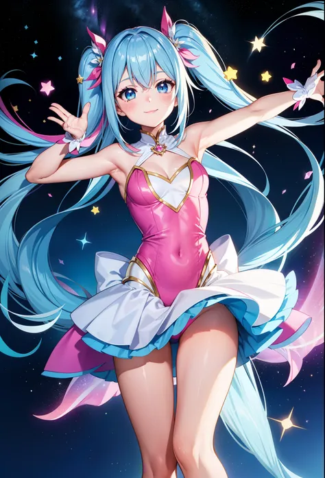 Super Idol　a beauty girl　A charming smile　sky blue hair　length hair　Twin-tailed　Glittery bright pink and white and blue and yellow leotards　facing front　Mystical　Fantasia　constellation　a moon　Crystal Brilliance　Aurora Borealis in the Night Sky