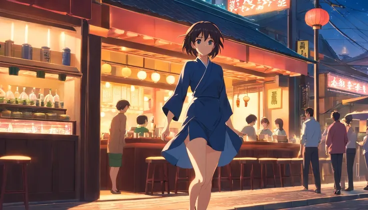 Mulher loira, vestido preto, decote, In front of a Japanese restaurant, corpo bonito, dynamic scene, sexy