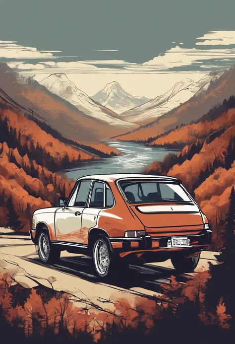 T-shirt design, blueridge mountains, vector, a Porsche Cayenne with a scenic landscape in the background, detailed illustration, and retro style