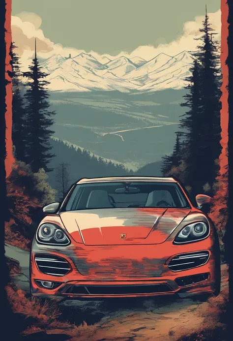 T-shirt design, blueridge mountains, vector, a Porsche Cayenne with a scenic landscape in the background, detailed illustration, and retro style