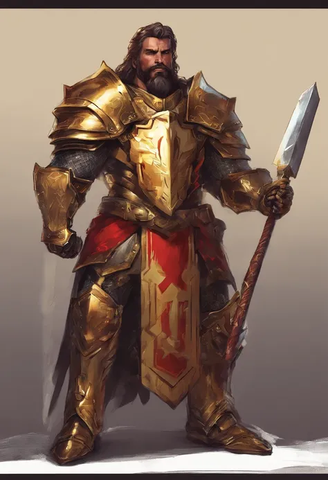 EMundo de Warcrat Holy Paladin macho com cabelo vermelho e barba pequena em grande armadura dourada de corpo inteiro, Able to attack and defend, holding a large golden hammer in his right hand and wearing a golden shield in his left hand