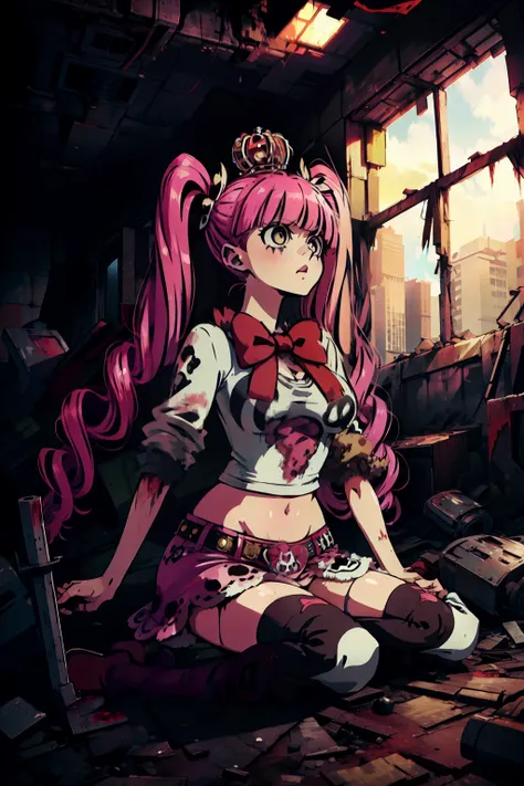 perona, 1girl, pink hair, black eyes, blunt bangs, drill hair, red lipstick, long twintails, crown, (white and black striped sto...