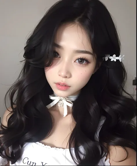 Un primer plano de una mujer con cabello largo con una camisa blanca, ulzzang, con cabello largo y ojos penetrantes, Wan adorable cara coreana, cruel korean goth girl, Ojos grandes y cabello largo y suelto, maquillaje popular de Corea del Sur, maquillaje c...