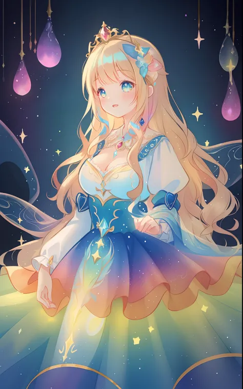 beautiful girl, puffy tiered rainbow ballgown, princess, intricate dress design, (colorful), long wavy hair, magical lights, sparkling magical liquid, inspired by Glen Keane, inspired by Lois van Baarle, disney art style, by Lois van Baarle, glowing aura a...