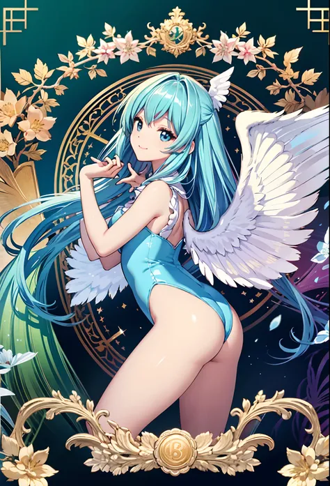 Colorful glowing angel wings、Kawaii Girl、adorable smiling、Light blue long hair、Twin-tailed、Colorful Sexy Angel Leotard、((top-quality))、((​masterpiece))、(ighly detailed、highestdetailed、Official art、Beautifully Aesthetic:1.2)