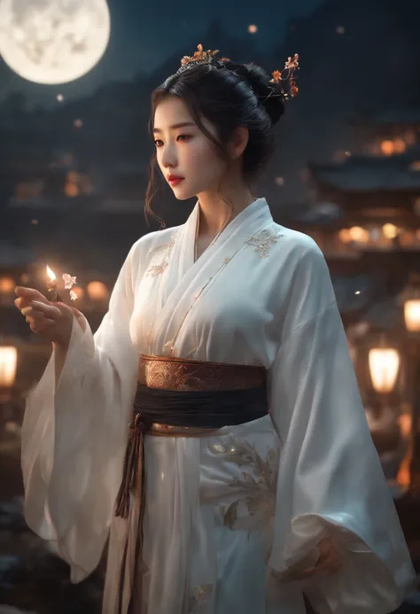 best quality, masterpiece, highres,, 1girl, Detailed face, (Upper body:1.6), Cyber cities, mountains and rivers, night, firefly lights, Realistic, rich in detail, (White hanfu:1.2), (beautiful body:1.4),