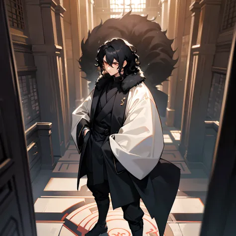 1male, short layered hair, wavy hair, black hair, black fur coat, ninja outfit, hands in pocket, standing on path, old library, lazy expression