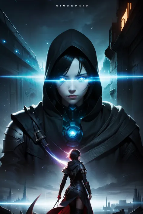 2.5D CGI anime fantasy portrait artwork of a hooded intricate cybernetic sorcerer warrior character with high quality glistening beautiful colors, rich moody atmosphere, omnipotent, megastructure realistic detailed background, portrait in the style of Mako...