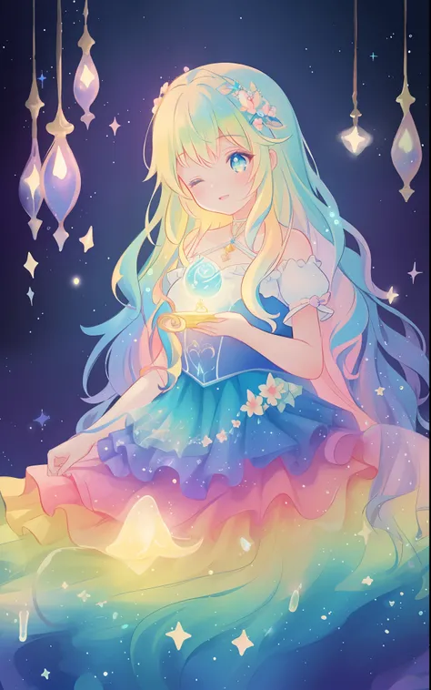 beautiful girl, puffy tiered rainbow ballgown, princess, intricate dress design, (colorful), long wavy hair, magical lights, sparkling magical liquid, inspired by Glen Keane, inspired by Lois van Baarle, disney art style, by Lois van Baarle, glowing aura a...