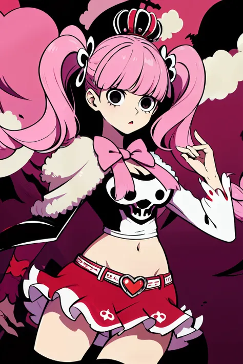 Perona, 1girl, pink hair, black eyes, blunt bangs, drill hair, red lipstick, long twintails, crown, (white and black striped stockings), long red boots, red capelet, pink bowtie, white shirt with sleeves, red skirt, midriff, perfect anatomy, solo, zombie, ...