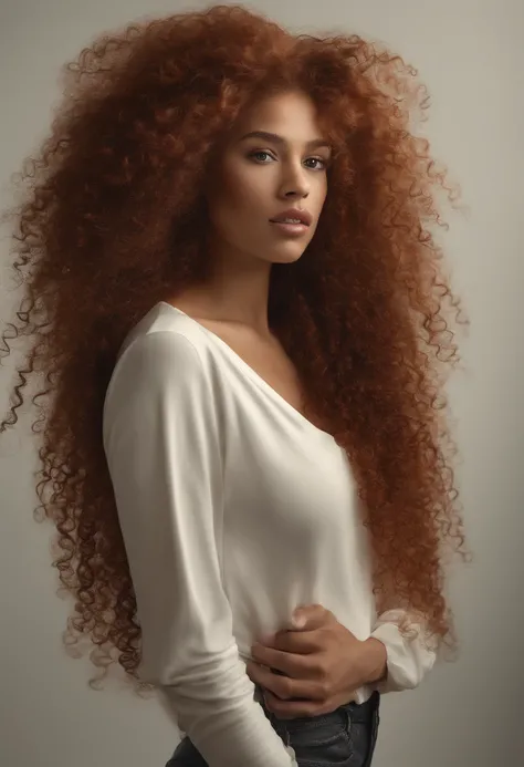 "Ultra-realistic image of a beautiful 18-year-old Afro-Latin girl,Caramel peel, corps parfait, Prendre un selfie dans son bureau avec son iPhone 14, maigre, taille ultra-fine, cheveux rouge, Curly and curly hair karibean , piercing green eyes.hyper-realist...