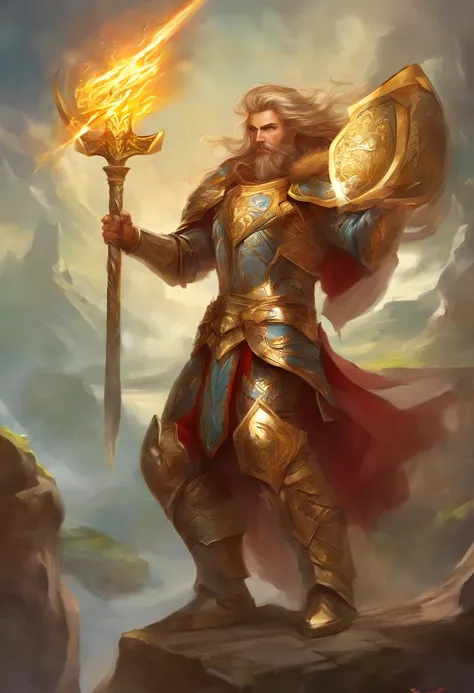 (Mundo de Warcrat Holy Paladin macho com cabelo vermelho e barba pequena em grande armadura dourada de corpo inteiro, Able to attack and defend, holding a large golden hammer in his right hand and wearing a golden shield in his left hand