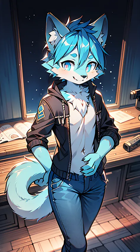 Rystal, Star Fox, Male, (A detailed), fluffly, Solo, , fotorealistisch, ((clear structural details)), Meticulous and realistic, A detailed eye, (Turquoise blue pupils), (( Lapis lazuli glowing eyes)), Evil smile, Smile, slenderness, soft, 4K, Excellent qua...