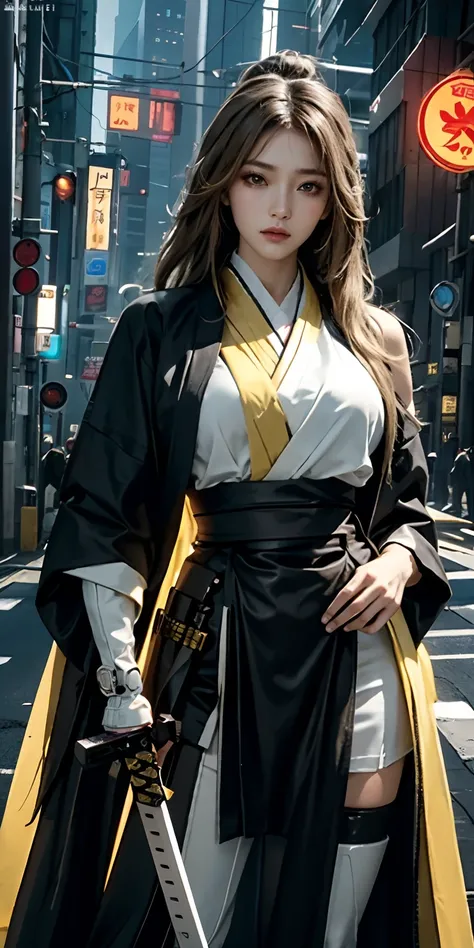 photorealistic, high resolution, soft light,1women, solo, hips up, (detailed face), yellow long hair, cybersamurai, cyborg, cyberpunk,  cyber armor, holding weapon,glowing,on the street , kimono , sniper looking at the target, katana,cloak