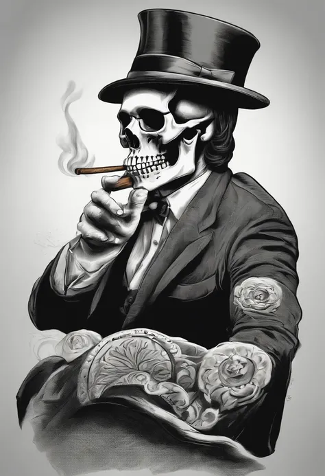 Human skull smoking a cigar. Al lado un mate tradicional argentino. Estilo minimalista. En blanco y negro. Estilo dibujo para remera.