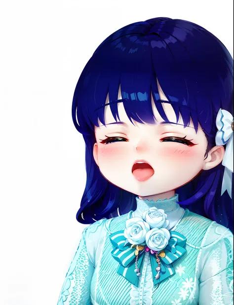 Menina anime com cabelo preto e blusa azul com flor branca, kawaii retrato realista, Loli, Ela tem cabelo preto com franja, No estilo de arte de Bowater, visual anime de uma menina bonito, inspirado em Ma Yuanyu, menina pequena Loli, Soft anime illustratio...