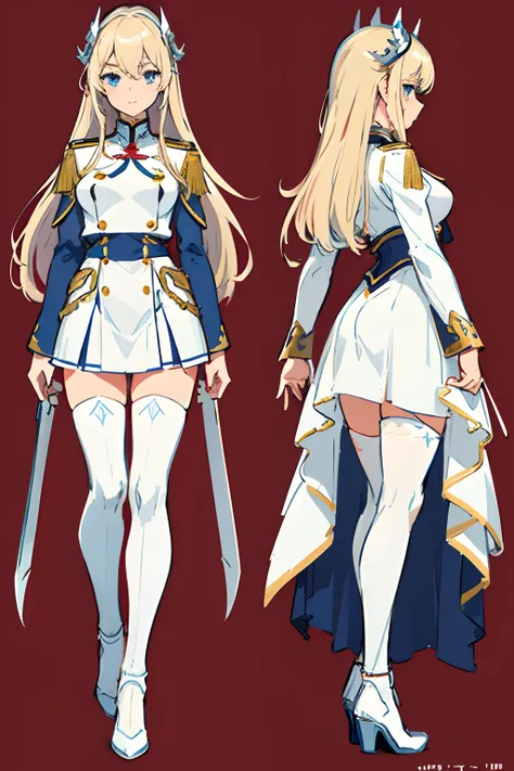 (masuter piece,Best Quality,Ultra-detailed), (Character Sheet:1.2),Full body, School uniform, Front view, Side view, posterior view, blue Eyes, Glowing pupils, delicate hair ornaments, (((white uniform))), ((red tie)), long straight blonde hair, bow ribbon...