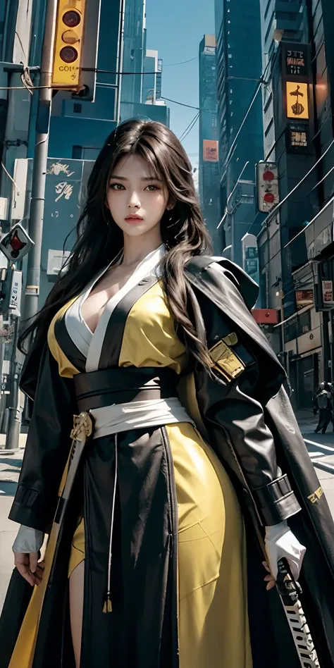 photorealistic, high resolution, soft light,1women, solo, hips up, (detailed face), yellow long hair, cybersamurai, cyborg, cyberpunk,  cyber armor, holding weapon,glowing,on the street , kimono , sniper looking at the target, katana,cloak