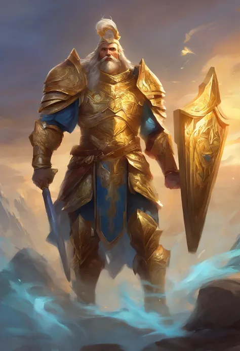 Warcrat Holy Paladin macho com cabelo ruivo e barba aparada, usando uma grande armadura dourada de corpo inteiro, Able to attack and defend, holding a large golden hammer in his right hand and wearing a large golden shield on his left arm