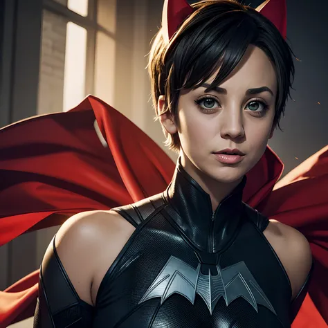 Kaley Cuoco, as Batwoman, short hair, pixie hair