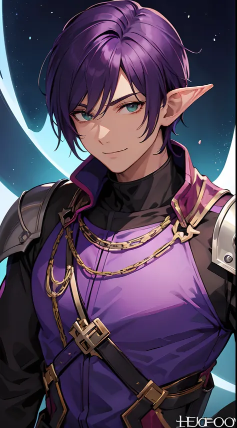 Cover magazine. Solo. Adult Man. A man with dark brown skin. Short hair.  purple hair. Bright purple hair. and green eyes. His ears were pointed. A dark elf. fantasy style of dress. Smile. Stumpy. Knight. Handsome. Light background. Maskulin.