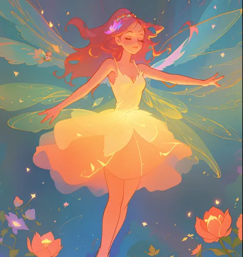 beautiful girl in flowing tiered layered ballgown dress, fairy dress, fairy queen, magical forest background, (glowing fairy wings), glowing flowing ballgown, long wavy hair, sparkling fairy wings, watercolor illustration, flowers and colorful plants, insp...