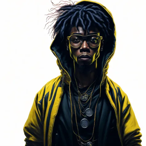 a closeup of a person wearing a hoodie and glasses, arte raggae, vibrant fan art, Lil Uzi Verde, #1 pintura digital de todos os tempos, # 1 pintura digital de todos os tempos, pintura digital altamente detalhada, Epic portrait illustration, baixo detalhame...