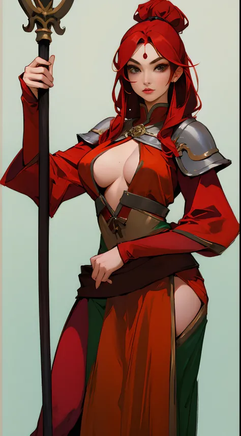 Red head warrior woman boobs showing leaning on a staff