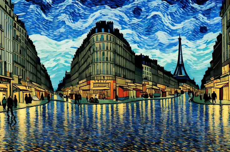 buzzling town in paris, leftover ripples from the rain on the ground, van gogh style, surrealism, hyper detailed, ultrahd, 8k