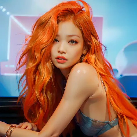 Hay una mujer de pelo naranja posando frente a un televisor, piel naranja y cabello largo y ardiente, cabello naranja brillante, cabello naranja, cabello naranja que fluye, Pelo largo de color naranja, Cabello largo y ondulado de color naranja, Ella tiene ...