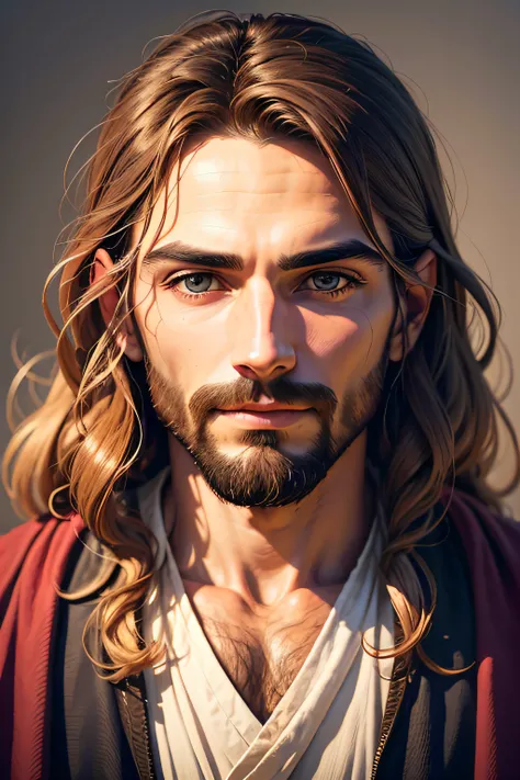 Face of a man identical to Jesus with a mild countenance and vibrant colors