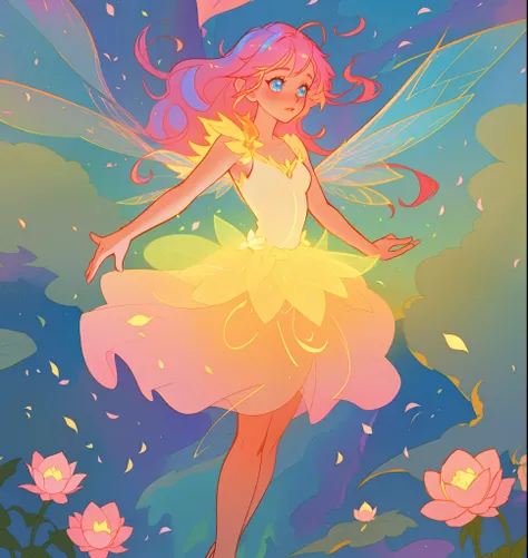 beautiful fairy girl in tiered layered dress, fairy dress made of flower petals, gradient layered tutu skirt, magical flowers, fairy queen, magical forest background, (glowing fairy wings), long wavy hair, sparkling fairy wings, watercolor illustration, fl...