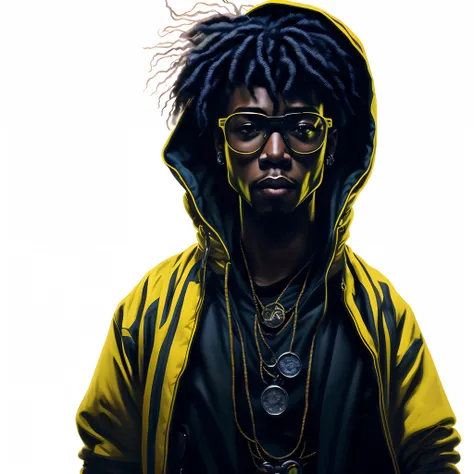 A closeup of a person wearing a hoodie and glasses, arte raggae, vibrant fan art, Lil Uzi Verde, #1 Pintura digital de todos os tempos, # 1 Pintura digital de todos os tempos, Pintura digital altamente detalhada, Epic portrait illustration, baixo detalhame...