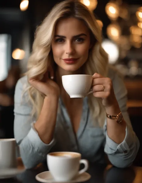 25-year-old woman drinking coffee in a trendy café, cabelos longos, blonde hair, roupas elegantes, jeans.