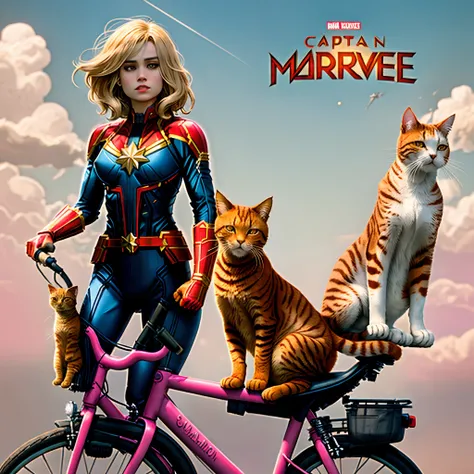 Captain Marvel with an orange cat on a pink bicycle