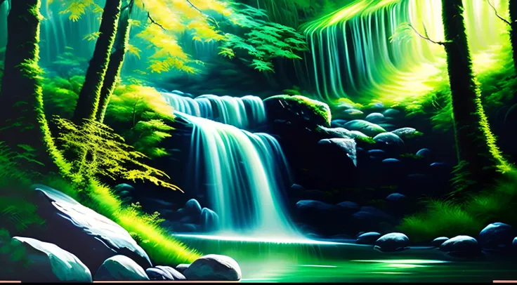 painting of a waterfall in a green forest with a sunbeam, waterfalls, amazing depth, breathtaking masterpiece of art, peaceful beautiful waterfall, multiple waterfalls, an endless waterfall, (waterfall), waterfall(beautiful, waterfall backdrop, waterfall, ...