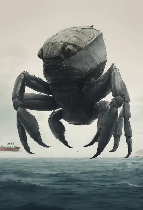 Ugly crab monsters  Body shape huge, standing in ocean, tosen, There is a small fishing boat around, A grand spectacle, Oppressive atmosphere, surrealism, Chiaroscuro, Cinematic lighting, Wide shot, Masterpiece, ccurate, Anatomically correct, Super detail,...