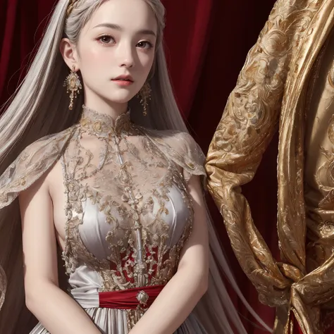 masterpiece, ultra HD quality, 16k, detailed skin texture, detailed cloth texture, beautiful detailed face, intricate details, ultra detailed, italian renaissance era red silver and gold dress long hair close ups