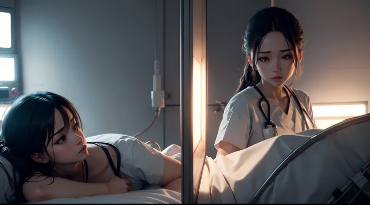 Background, (Scenes of the Intensive Care Unit), (a patient lay on the bed), (nowadays), (real and anime style), cinematic lighting, ray tracing, reflection light, depth of field, ((wide shot)), masterpiece, best quality, high quality, high details, highre...