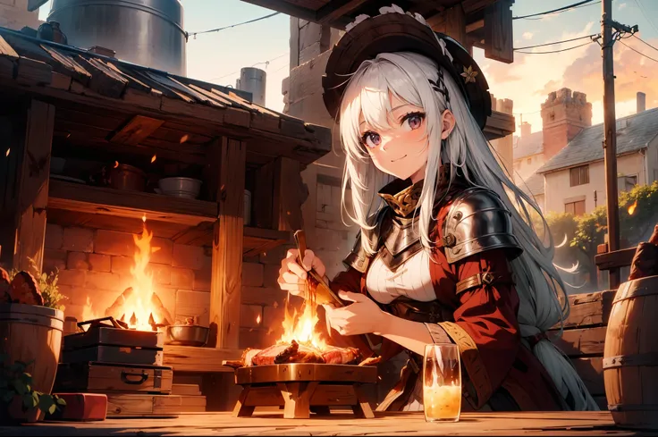 1 girl , sitting, Roast big bone-in meat over an open flame , rustic armor ,fantasy, smile, character focus, close to viewer, cowboy shot, outdoor ,high resolution,(incredibly absurdres), (hires.fix:1.3),anime visual,extremely detailed CG unity 8k wallpape...