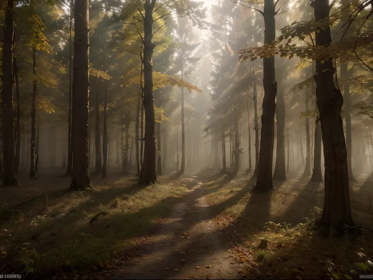 ((best quality)), ((4k)), ((photo-realistic)), ((autumn forest)), ((changing leaves)), ((October)), ((dense fog)), ((thick ground fog)), ((sunlight through trees)), ((high contrast)), ((epic scenery)), ((beautiful autumn landscape))