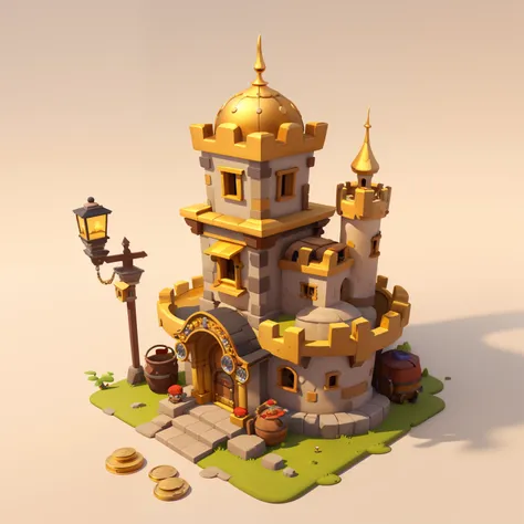 tmasterpiece，best quality at best，cartoony，pixar-style，simple design，mini sence，artis，minaret castle，gold coins，treasure chests，...