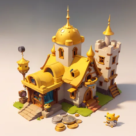 tmasterpiece，best quality at best，cartoony，pixar-style，simple design，mini sence，artis，lovely yellow，minaret castle，gold coins，tr...