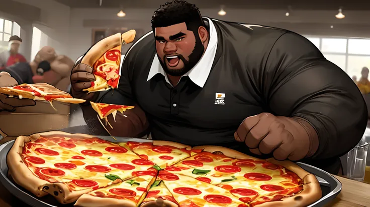 A bear fighting a fat balck man for pizza