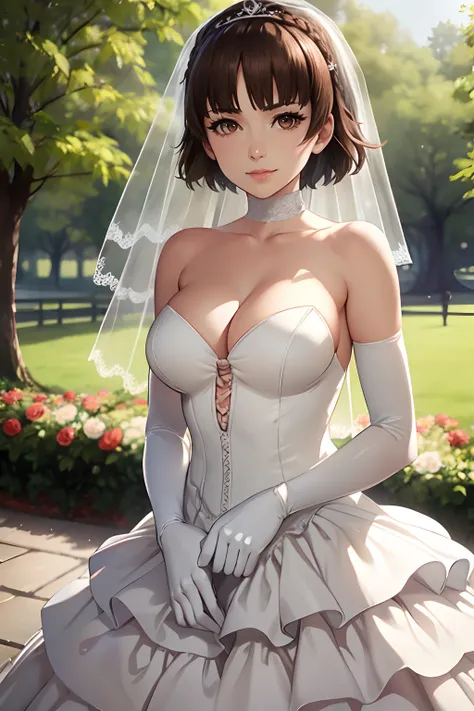 makoto nijima, blunt bangs, braid, brown hair, crown braid, hair ornament, gloves, dress, cleavage, bare shoulders, collarbone, white oprea gloves, white gloves, white dress, strapless, tiara, veil, strapless dress, wedding dress, bridal veil, beautiful wo...