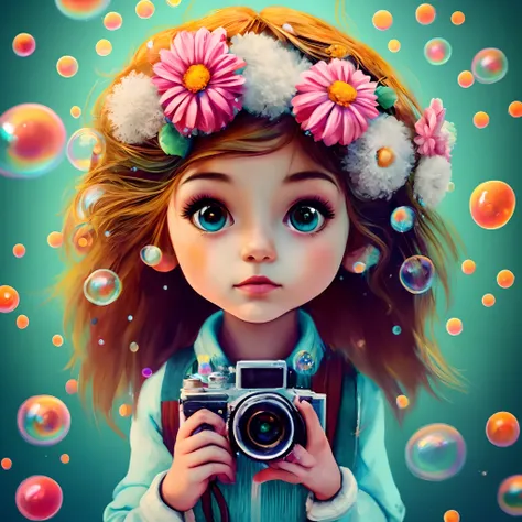 A painting of a girl holding a camera and bubbles, arte digital bonito, arte digital detalhada bonito, Beeple e Jeremias Ketner, fotografia retrato 4K, lindo arte digital, arte digital dos desenhos animados, estilo de arte surrealismo pop, painting digital...