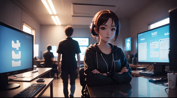 Background, ((showing social media on the screen)), (real and anime style), cinematic lighting, ray tracing, reflection light, depth of field, ((wide shot)), masterpiece, best quality, high quality, high details, highres, 4K, HD, 1080P